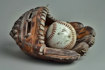 Poster Durable Baseball glove with playing ball. Baseball pitcher game equipment on green grass. Generate ai © anatolir