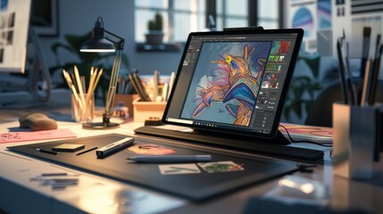 A digital drawing tablet, its sleek surface alive with vibrant artwork, set against a minimalist desk setting, emphasizing the blend of technology and art no dust - obrazy, fototapety, plakaty