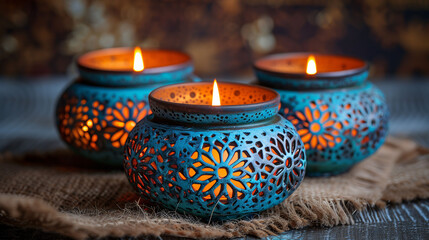 Three tealight candles in decorative blue holders casting a warm glow on a rustic wooden surface. - obrazy, fototapety, plakaty