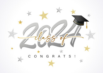 Class of 2024 Congrats, silver logo design, stars and lettering. Class of 2024 number and square academic cap. Vector illustration