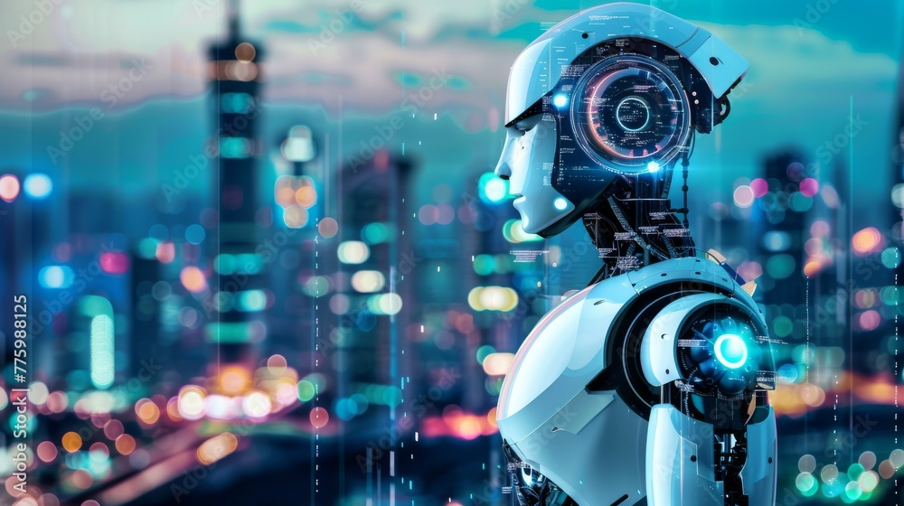 Poster On a modern abstract city background, there is a robot automating a process....