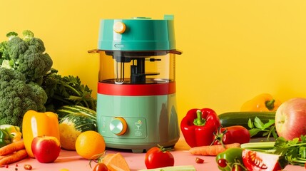 A compact, colorful food processor, its bright components set against a backdrop of fresh produce, highlighting efficiency and the fun of meal prep low texture
