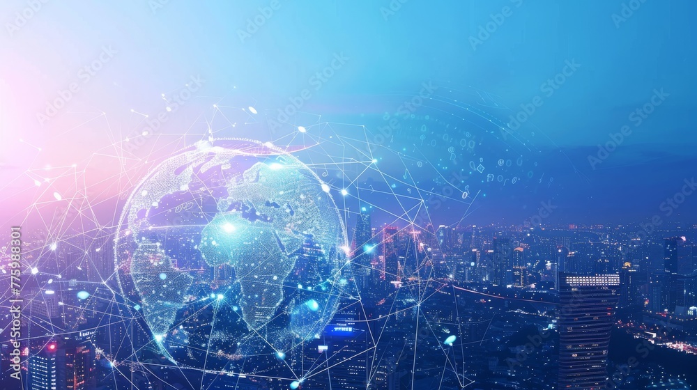 Poster world telecommunication network with wireless communication. modern cityscape background...