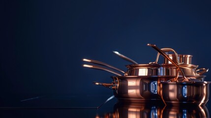 Fototapeta na wymiar A collection of copper pots and pans, their warm glow set against a deep navy background, creating a luxurious and sophisticated kitchen scene low texture