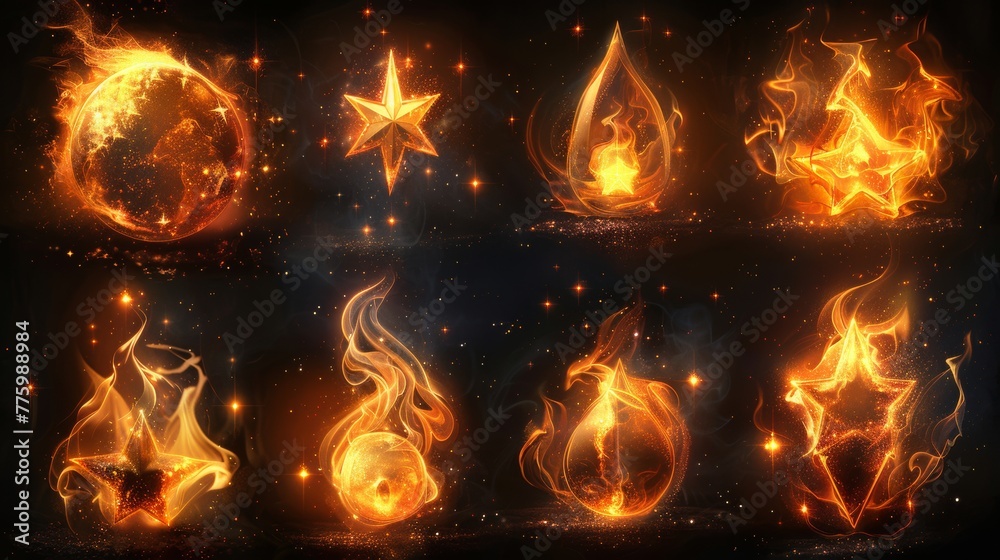 Poster light, star and flame icons with twinkle twinkle light effects.