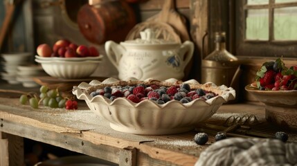 Fototapeta na wymiar A ceramic pie dish, its ruffled edge filled with fruit filling, set against a rustic kitchen setting, highlighting homebaked warmth and tradition no dust
