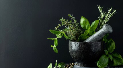 A ceramic mortar and pestle alongside fresh herbs, the greenery vibrant against a pure black background, highlighting the traditional art of grinding spices no dust - obrazy, fototapety, plakaty