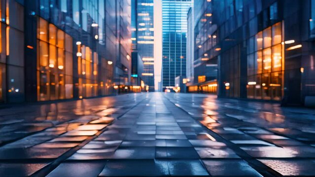 Illuminated modern cityscape walkway at dusk. Urban architecture and business district concept with copy space