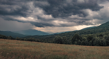 Beautiful forest on the Bieszczady Mountains under a cloudy sky in Poland, near Ukrainian border