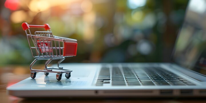 Shopping Cart Next to Laptop Symbolizing Ease of Online Shopping and E Commerce Convenience