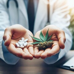 Medical marijuana in the hands of a doctor. In the other hand conventional painkiller pills. Cannabis as an alternative medicine. Less body damaging side effects. Chronic pain. Generative AI