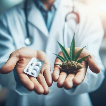 Medical marijuana in the hands of a doctor. In the other hand conventional painkiller pills. Cannabis as an alternative medicine. Less body damaging side effects. Chronic pain. Generative AI