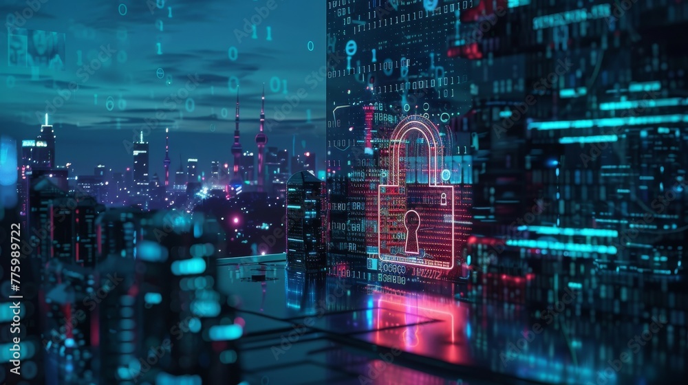 Poster An overview of cyber security data protection on a city background.