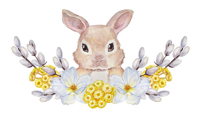Watercolor Easter compositions of a baby rabbit portrait and a bouquet with tulips, pussy willow branches, and a small-flowered chrysanthemum on a transparent background. Cute spring composition.