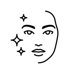 Female face, line icon. Woman head, open eyes, lips, nose, face line, stars and sparkles around. Minimalist sign for cosmetic product packaging, web, design. Linear illustrations, editable strokes