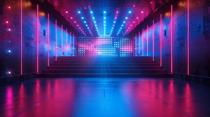 LED screen on stage. Modern illustration of large LCD display with glowing neon blue and pink dot lights isolated on black background. Concert hall, modern theater, night club decoration. - obrazy, fototapety, plakaty