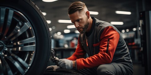 Male auto mechanic in a car service center for car maintenance or repair. Generative AI