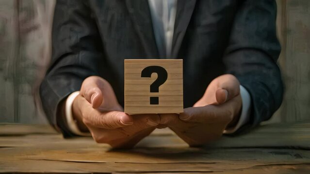 Businessman holding wooden block with question mark