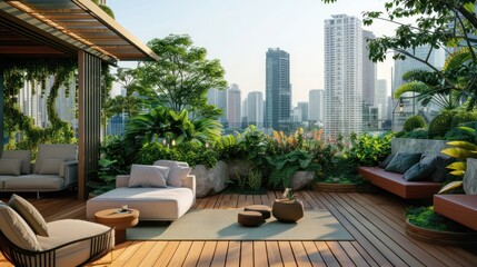 Fototapeta premium Urban oasis rooftop garden lush green plants and cozy seating areas intertwined