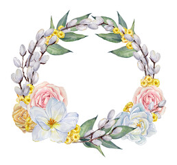Watercolor Easter wreath with hand-painted illustrations of tulips, pussy willow branches, leaves, roses, and small-flowered chrysanthemum flowers on a transparent background. 