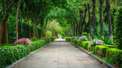 Obraz premium Pathway lined with flowering shrubs and tall trees in a public park