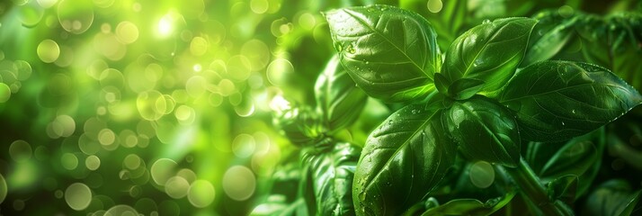 A fresh cluster of basil leaves are highlighted by dew drops and radiant light, creating a sense of thriving life - obrazy, fototapety, plakaty
