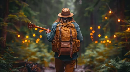 Fototapeten Traveler with guitar and backpack walking through an enchanting forest with hanging lights. © amixstudio