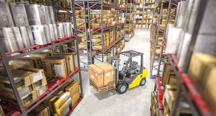 Warehouse interior with forklift in operation