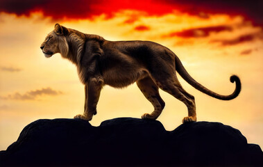 lioness on the hill at sunset created with Generative AI technology