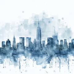 A watercolor clipart of a resume template highlighted by a header with a subtle watercolor skyline of a city in cool shades of blue and gray
