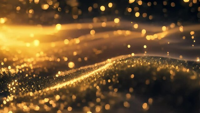 Abstract golden glitter particles with light effects on a dark background