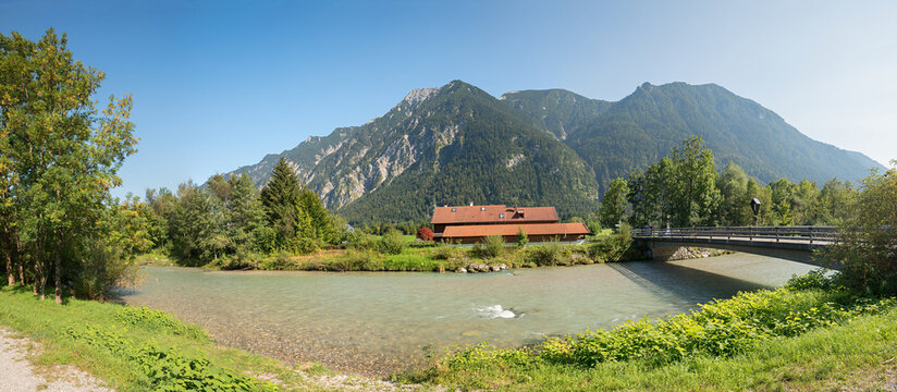 bridge over Loisach river, Oberau, upper bavarian landscape
