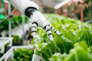 A robot hand is touching a lettuce leaf.