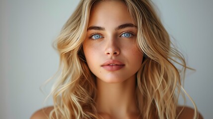 A close-up portrait of a young woman with blonde, wavy hair and striking blue eyes against a soft, neutral background, exuding natural beauty and a serene expression.