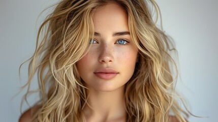 Naklejka premium A portrait of a young woman with tousled blonde hair and a natural look on a light background, exuding casual beauty and simplicity. 