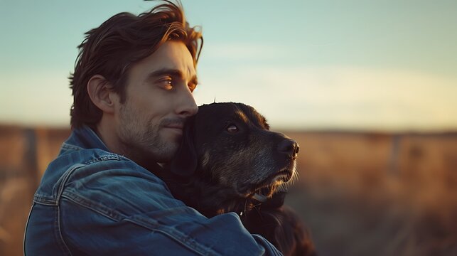 A serene man enjoys a sunset embrace with his loyal dog, exuding calm and companionship. 