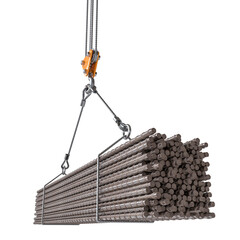 Overhead crane lifting bundle of steel rods - 775992146