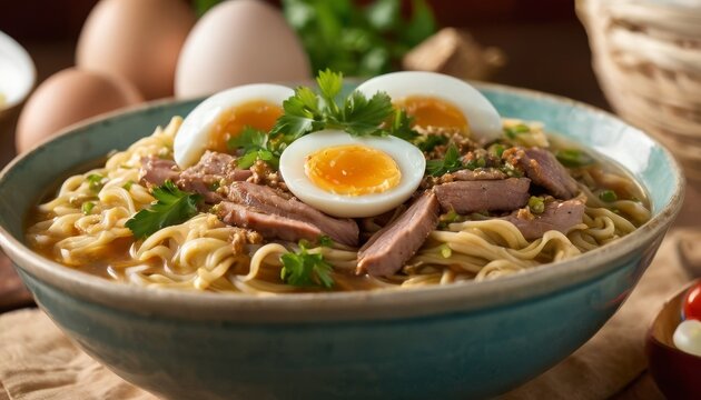 A delectable ramen bowl topped with slices of beef, half-boiled eggs, and fresh parsley, perfect for culinary stock images.