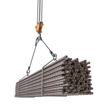 Overhead crane lifting bundle of steel rods