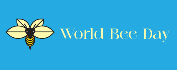Vector image of a bee on a light blue background with the text World Bee Day written on it. Illustrations vector.