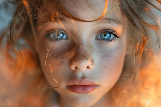 Close-up portrait of a young girl with striking blue eyes and freckles viewed from above, evoking a sense of innocence and wonder 