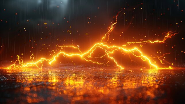 Illustration of an electric discharge shock effect. Lightning collision. Two versus impulse waves. Yellow light, glowing thunder bolts, sparking electricity. Modern illustration of the electric