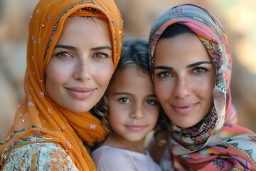 Portrait of two women and a child wearing colorful headscarves with a soft-focus background  - obrazy, fototapety, plakaty