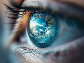 Surreal Close-Up Human Eye with Planet Earth Iris, Symbolic Nature Connection - Vivid Blue Oceans, Clouds & Landmasses Reflected in Intricate Eye Details - obrazy, fototapety, plakaty
