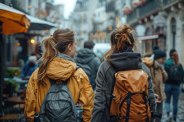 Two friends exploring a bustling street market with backpacks on a cloudy day. 