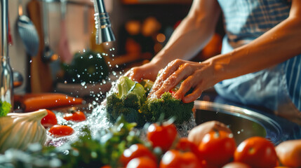 A young woman washing broccoli, tomatoes, carrots, and paprika with a refreshing splash of water in a basin - obrazy, fototapety, plakaty
