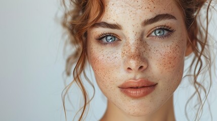 Portrait of a young woman with freckles and blue eyes on a light background - obrazy, fototapety, plakaty