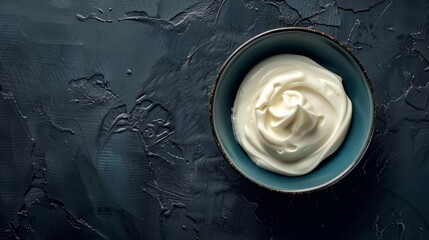 A minimalist top view of Greek yogurt served in a blue bowl