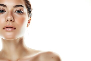 Fototapeta premium A close-up portrait of a young woman with clear skin and neutral makeup looking confidently at the camera on a white background.