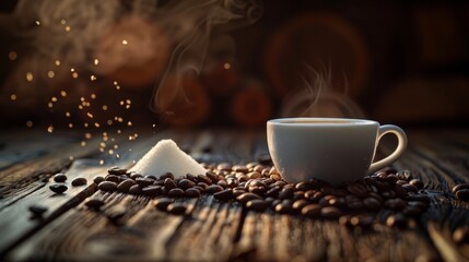 A comforting scene of hot coffee served in a white cup - obrazy, fototapety, plakaty